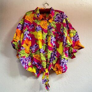 Indy Go Kenar Womens Button Down Printed Tie-Front Silk Boxy Top Blouse Shirt